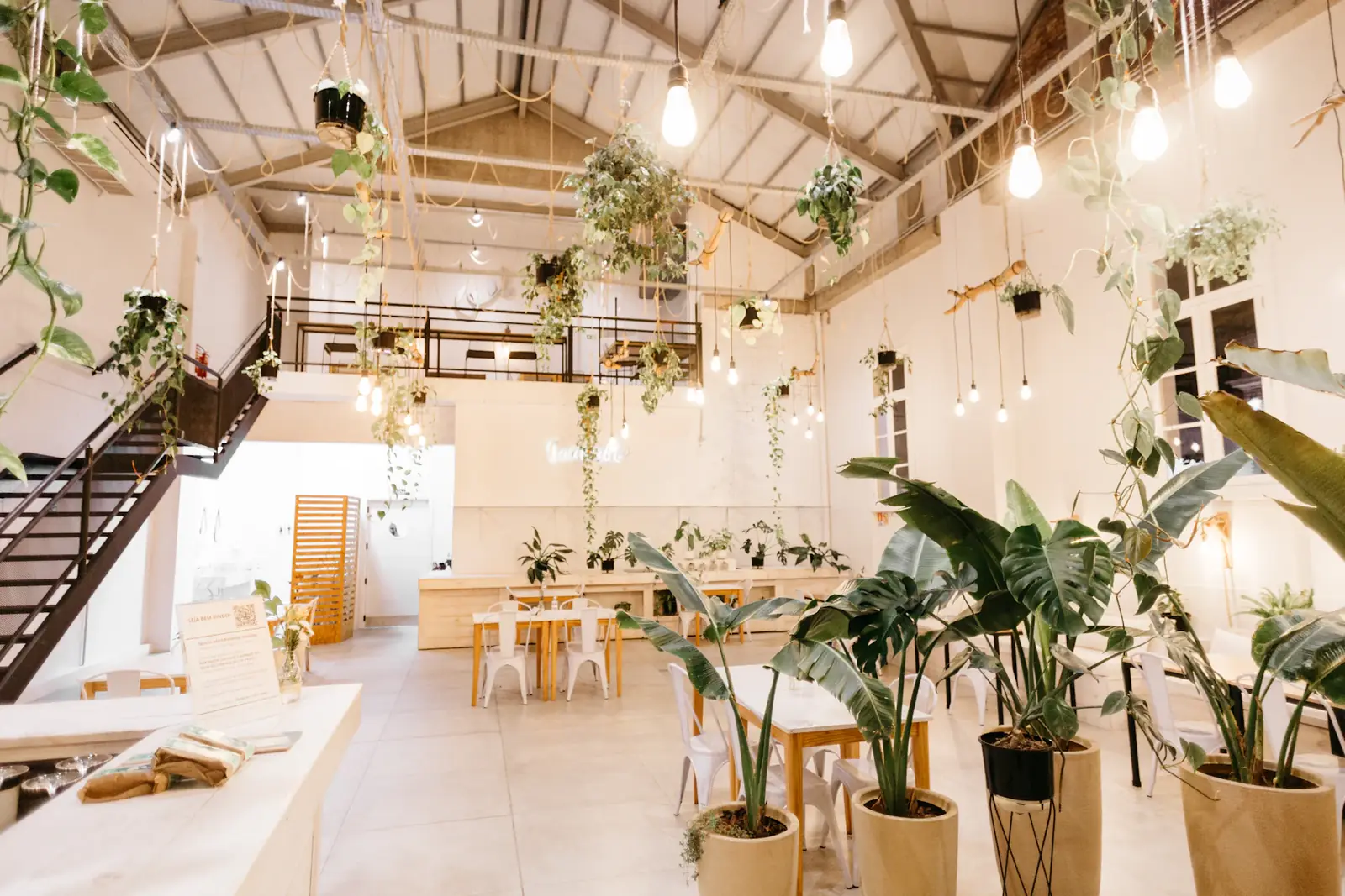 Interior amplio y luminoso del café con plantas, mesas blancas y luz natural entrando por ventanales